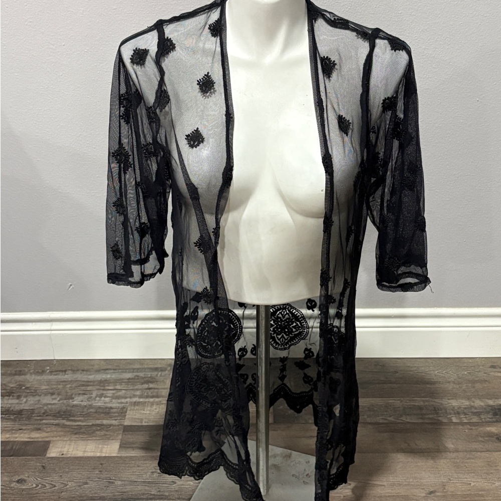 Elegant Black Lace Kimono by Time And Tru
